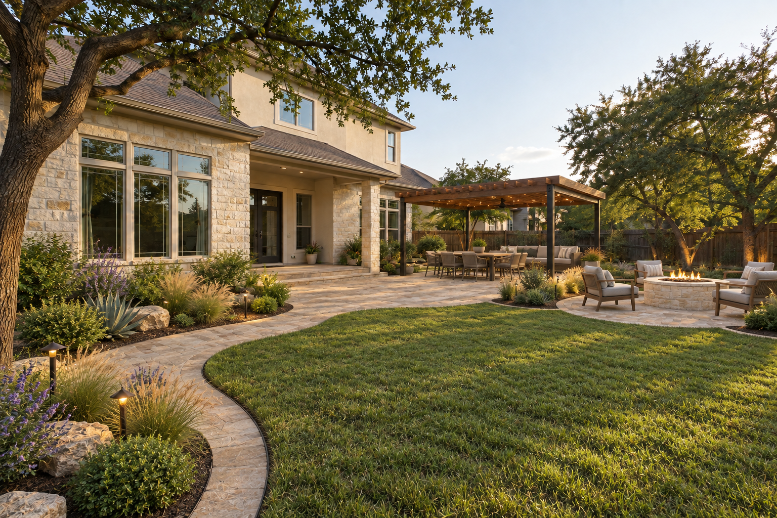 Central Texas backyard transformed with landscaping and an outdoor living area