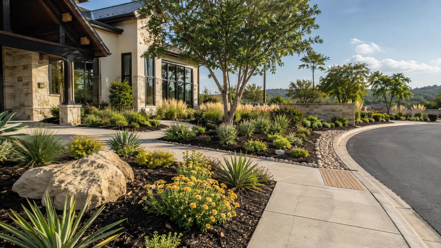 A modern building with stone accents and large windows sits beside a concrete sidewalk and a manicured landscape of shrubs, grasses, and boulders that reflects professional commercial landscaping.