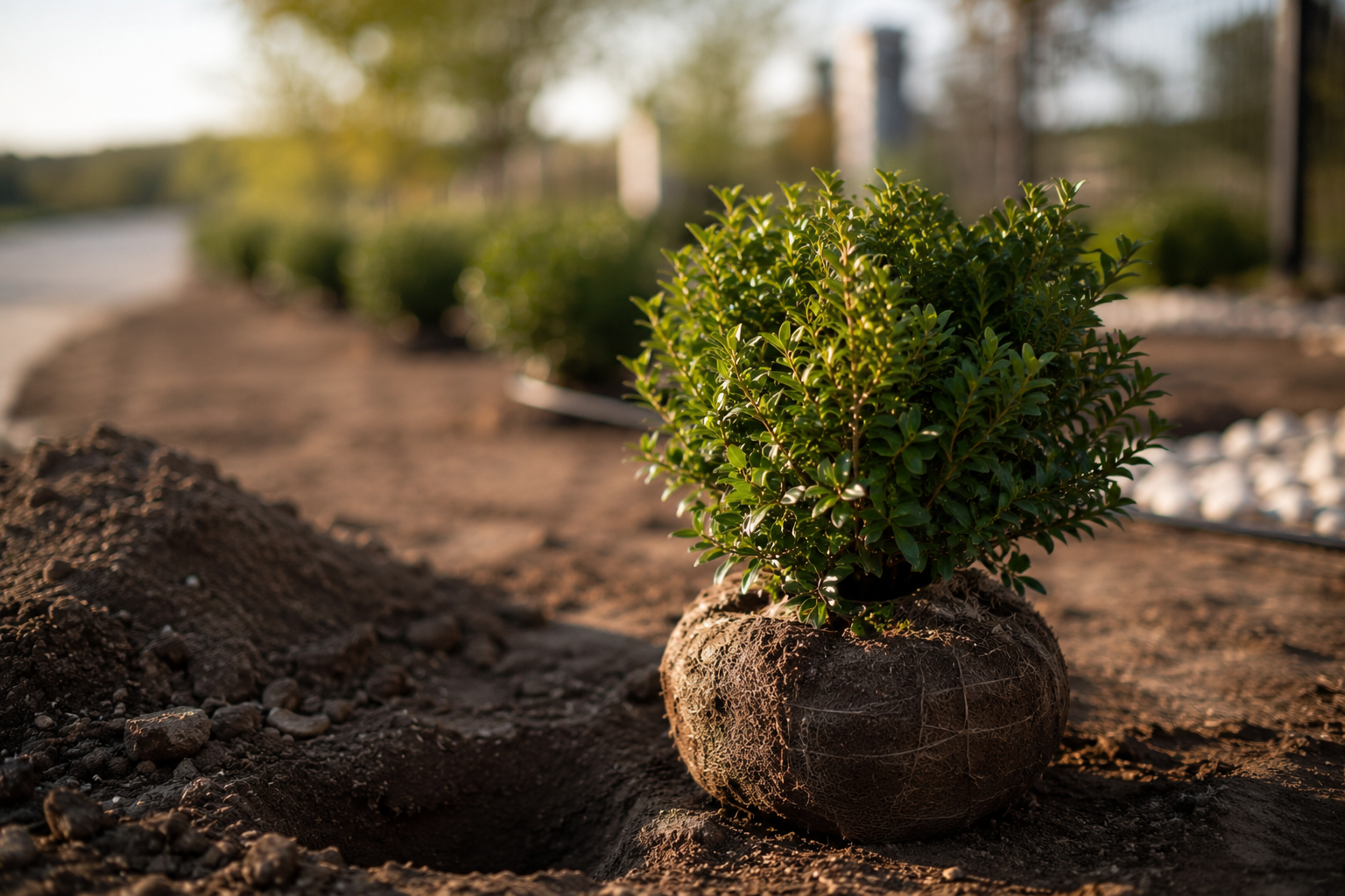 A small evergreen shrub with a burlap-wrapped root ball sits next to a hole in the dirt, prepared for planting in Central Texas gardening.